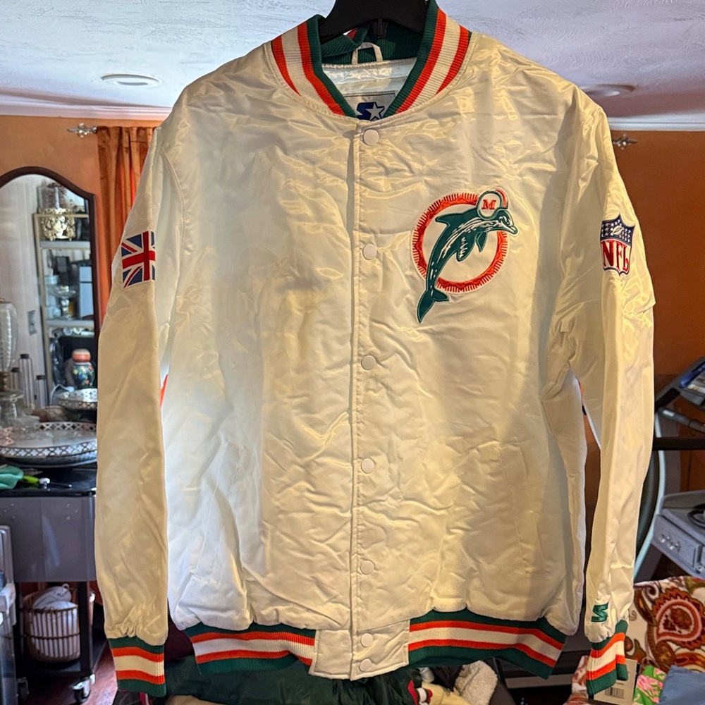 STARTER White Miami Dolphins Satin Bomber Jacket with Teal & Orange Trim